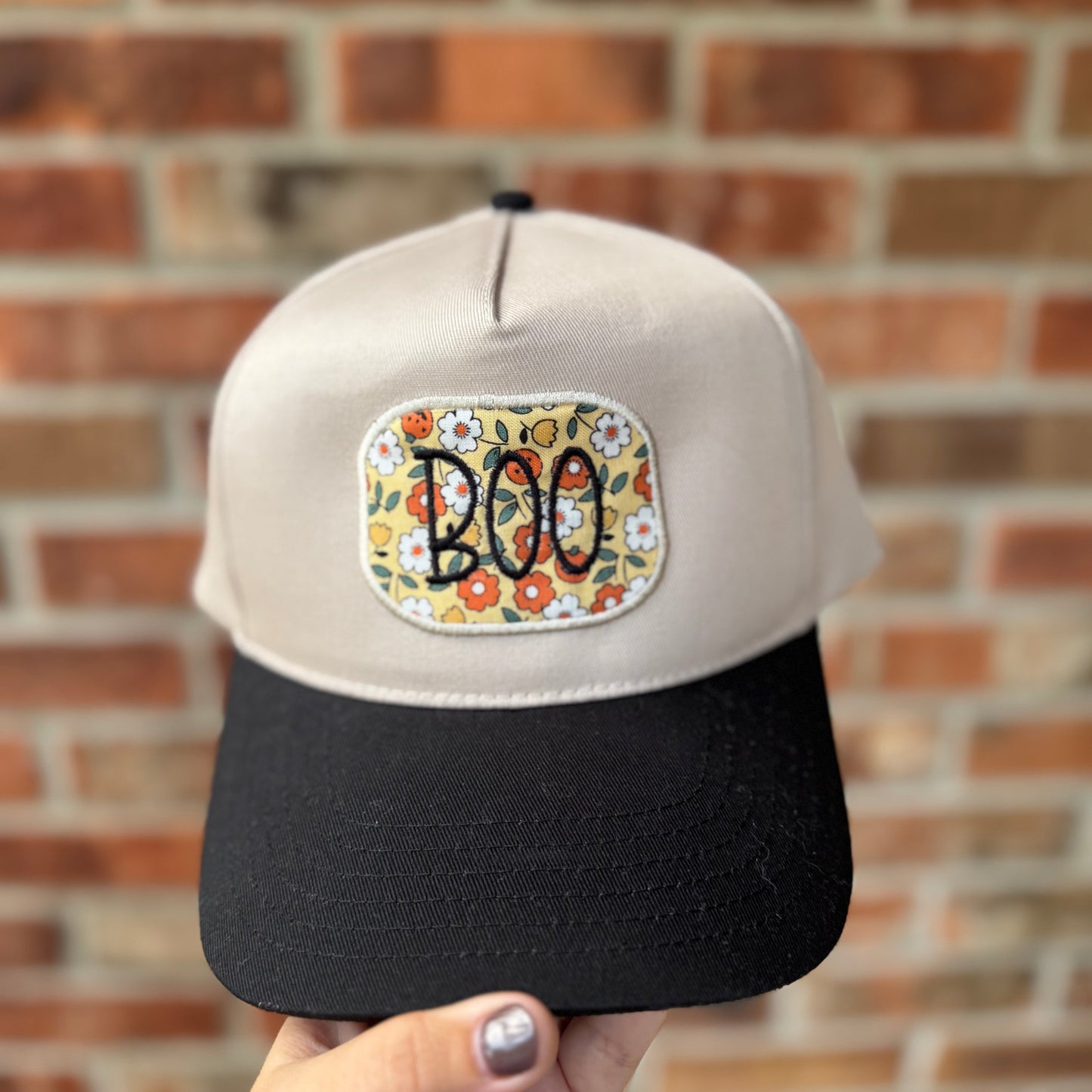 BOO Floral Embroidered Patch Hat โ Halloween Trucker Cap