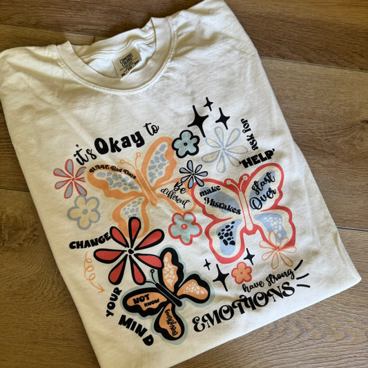 It’s Okay to Have Emotions Shirt – Comfort Colors Mental Health Tee – Butterfly Graphic – DTG Print – Inspirational Quote T-Shirt