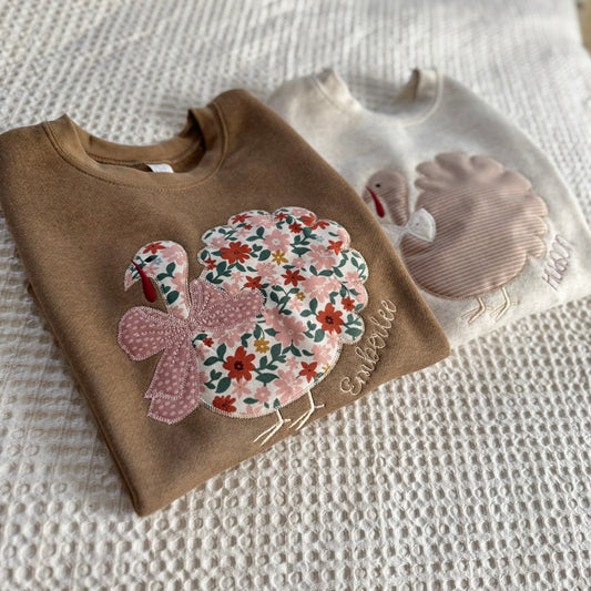 Girls Boho Floral Turkey Embroidered Sweatshirt – Girls Thanksgiving | Rabbit Skins